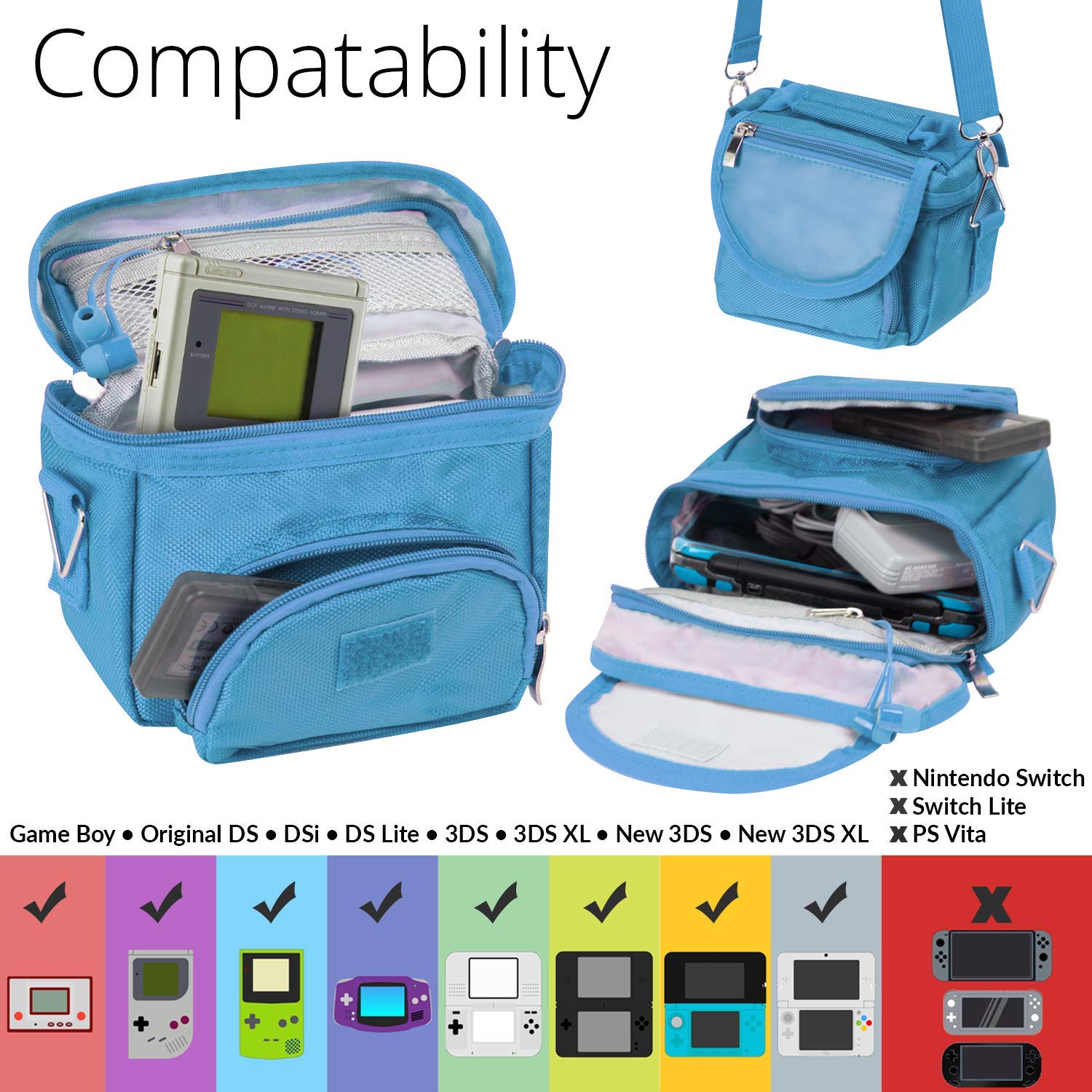 G-HUB game and Console Travel Bag for Nintendo DS Consoles with Shoulder Strap, Carry Handle, Belt Loop (Blue)