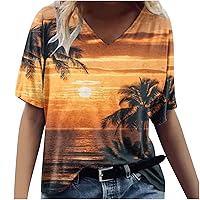 Todays Daily Deals Sales Deals Women V Neck Tshirt Oversized Beach Palm Printing Tops Casual Trendy Workout Shirts 2024 Loose Fit Tunic Blouses Women'S Easter Shirt