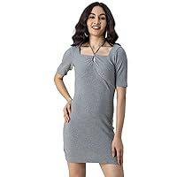 Solid Tie Up Midi Dress for Women, Short Sleeves Bodycon Dress