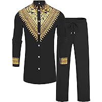 Mens African 2 Piece Set Metallic Traditional Suit Gold Stamp Printed African Dashiki Shirt and Pants Outfit
