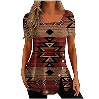 YZHM Womens Tops Summer Casual Short Sleeve Shirts Square Neck Tunic Tops Western Aztec Graphic Tees 2023 Fashion Blouses