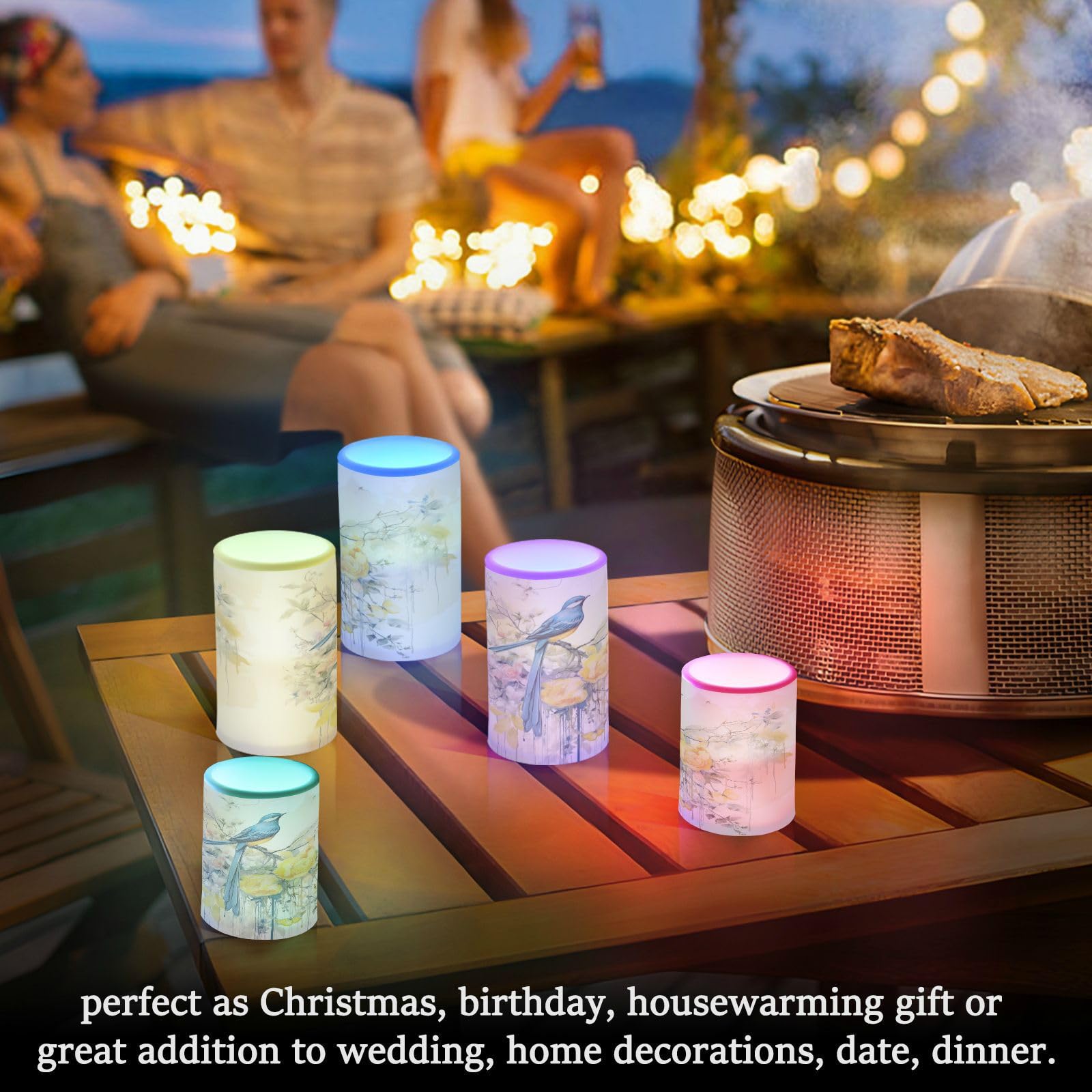 Spring Blue Bird with Yellow Flowers Butterflies Flickering Flameless Candles Battery Operated with Remote Timer,Tea Light Candles LED Pillar Votive Candles set of 2 for Outdoor Indoor Decorations
