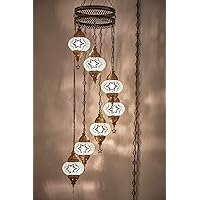 DEMMEX 7 Globes Swag Plug in Turkish Moroccan Mosaic Bohemian Tiffany Ceiling Hanging Lamp Pendant Light Fixture Chandelier Lighting with 15feet Cord Chain and Plug, 50