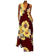 Women's My Comfy Casual Sunflower Print Dress Sleeveless Loose Party Long Dress Sun for Casual, S-5XL