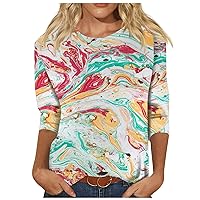 Womens 3/4 Sleeve Tops Casual Round Neck Loose Shirts Trendy Floral Fall Printed Blouses