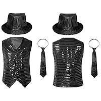 YiZYiF Boys' Girls' Sequins Vest Hip Hop Jazz Dance Tops Party Costume Waistcoat with Hat Necktie Performance Jacket