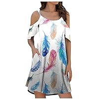 Funny Feather Print Tunic Mini Dress Women Summer Cold Shoulder Flowy T-Shirt Dress Casual Loose Fit Beach Dresses