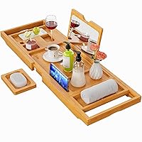 Yirilan Luxury Bathtub Tray Caddy - Expandable Bath Tray with Mirror - Unique House Warming Gifts-Bamboo