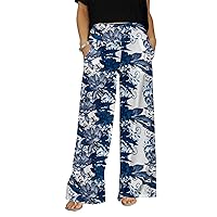Women's Wht/Blu Florals Wide Leg Pants with Pockets