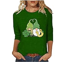 St Patricks Day Summer Tops for Women Green Shamrock Gnome Print Tunic 3/4 Sleeve O-Neck Shirts Loose Fit Blouses