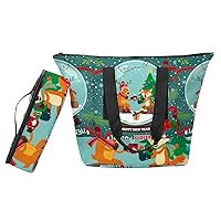 トートバッグとスモールランチバッグのセット、漫画鹿キツネ クリスマス,女性用ショルダーバッグ ランチボックスとハンドバッグ