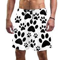 Black and White Dog Paw Prints Quick Dry Swim Trunks Men's Swimwear Bathing Suit Mesh Lining Board Shorts with Pocket, L