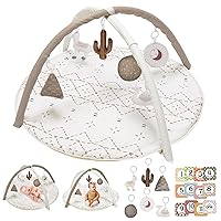 Tummy Time Mat with 6 Toys, Macrame Baby Play Mat for Newborn, Baby Gym with 12 Milestone Cards, Stage-Based Sensory and Motor Skill Development Baby Play Gym, Non Slip Mat Washable, Khaki