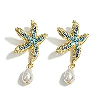 Bohemia Star Fish Earrings Drop Pearl Blue Rhinestones Dangle Earrings for Women Starfish Jewelry Summer Holiday Beach Gifts