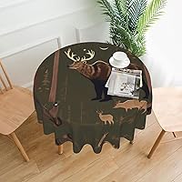 Lodge Bear Deer Print Round Tablecloth Water Resistant Decorative Table Cover for Dining Table, Parties Camping