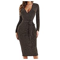 Women Fashion Lace-up Sexy Dress for Party V-Neck Long Sleeve Mid-Calf Long Dress