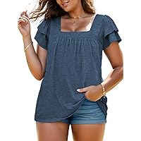 VISLILY Plus-Size-Summer-Tops for Women Petal Short Sleeve T Shirts Square Neck Tunics Flowy Pleated Blouses XL-5XL