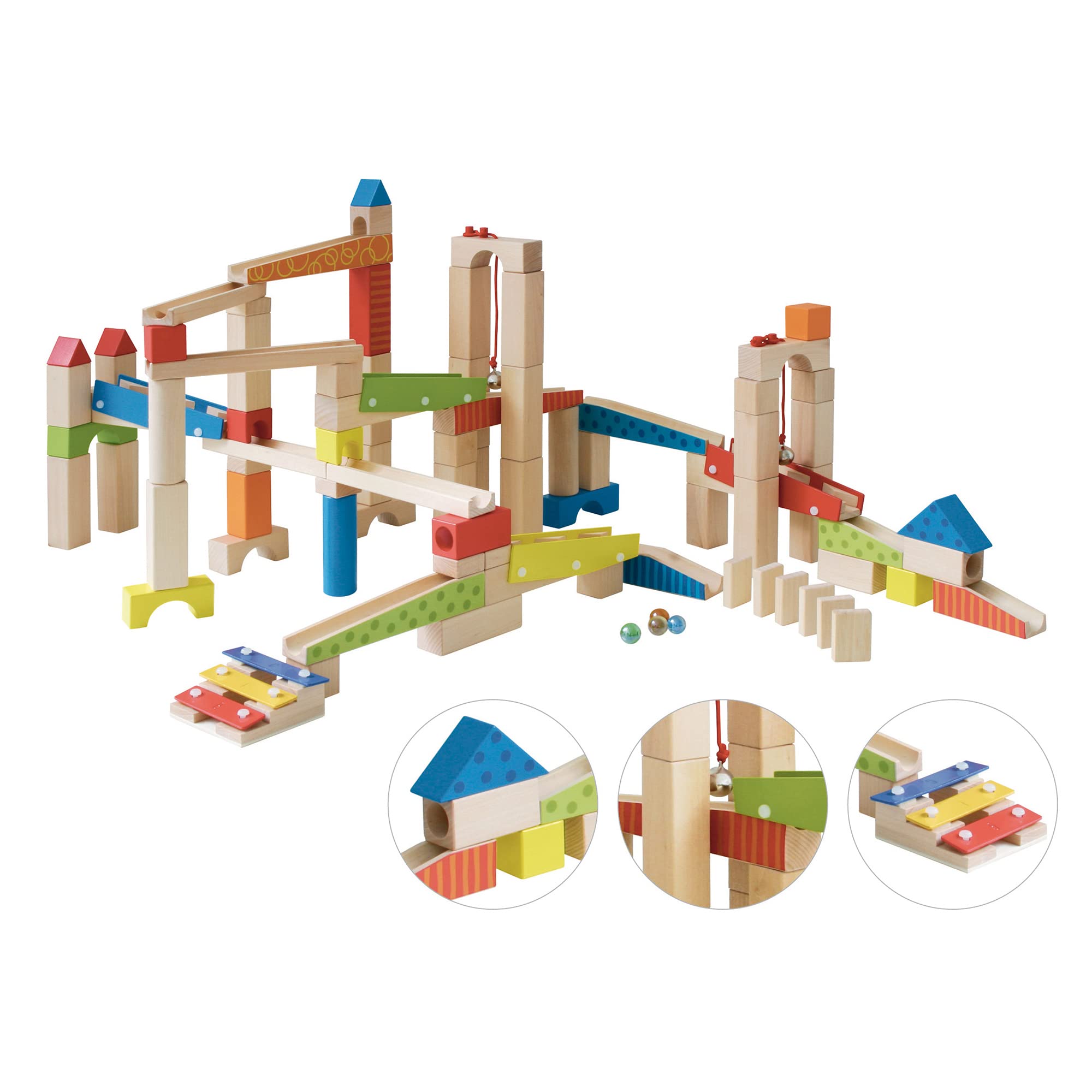 Roba Wooden Marble Run Set - 100 Pieces, 20 Glass Marbles & 80 Building Blocks, Ages 3+