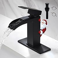 Waterfall Bathroom Faucet Black - Single Handle Bathroom Sink Faucets 1 or 4In 3 Hole Solid Brass Vanity Faucet with Deck Plate & Overflow Pop Up Drain Matte Black