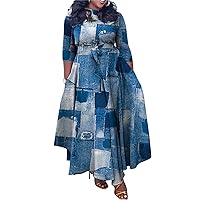 Casual Floral Print Plus Size Maxi Dress for Women 3/4 Sleeve High Waist Flowy Ruffle Fall Dresses with Belt