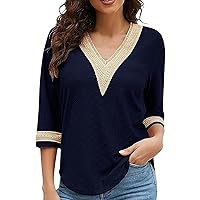 Womens Fashion Summer Blue Tops 2024 Trendy Lace V Neck 3/4 Sleeve Shirts Sexy Going Out Tops Blouses Clothing XX-Large Three Quarter Sleeve Tops