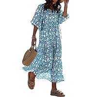 miduo Womens Loose Fit Casual Summer V Neck Half Sleeve Bohemian Geometric Pattern Maxi Long Dresses