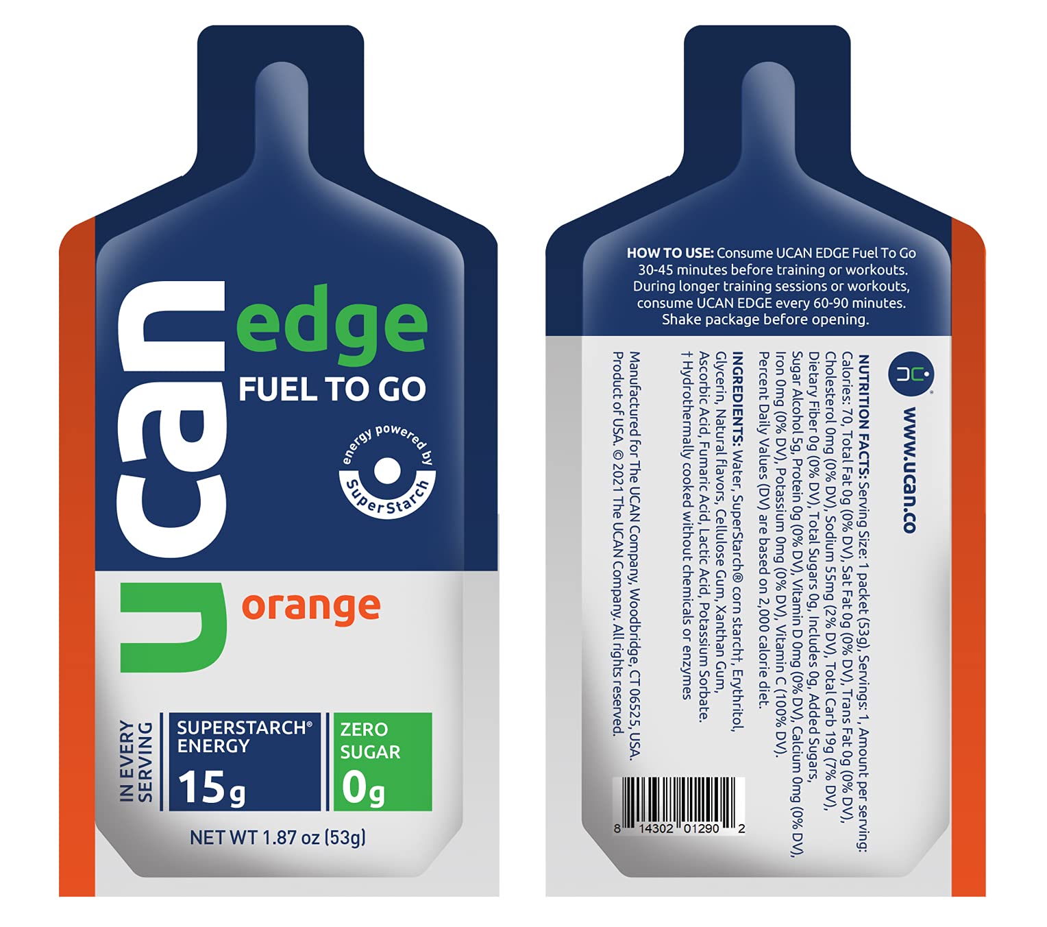 UCAN Edge Energy Gel Shots, Orange (12, 2 Ounce Packets) for Running, Training, Workouts, Fitness, Cycling, Crossfit | Sugar-Free, Vegan, & Keto Friendly Energy Supplement