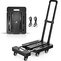 Folding Hand Truck, 500 LB Heavy Duty Luggage Cart, Utility Dolly Platform Cart with 6 Wheels & 2 Elastic Ropes for Luggage, Travel, Moving, Shopping, Office Use, Black