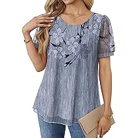 OFEEFAN Womens Mesh Blouses Dressy Casual Puff Sleeve Mesh Tops Summer Blouses Loose Fit