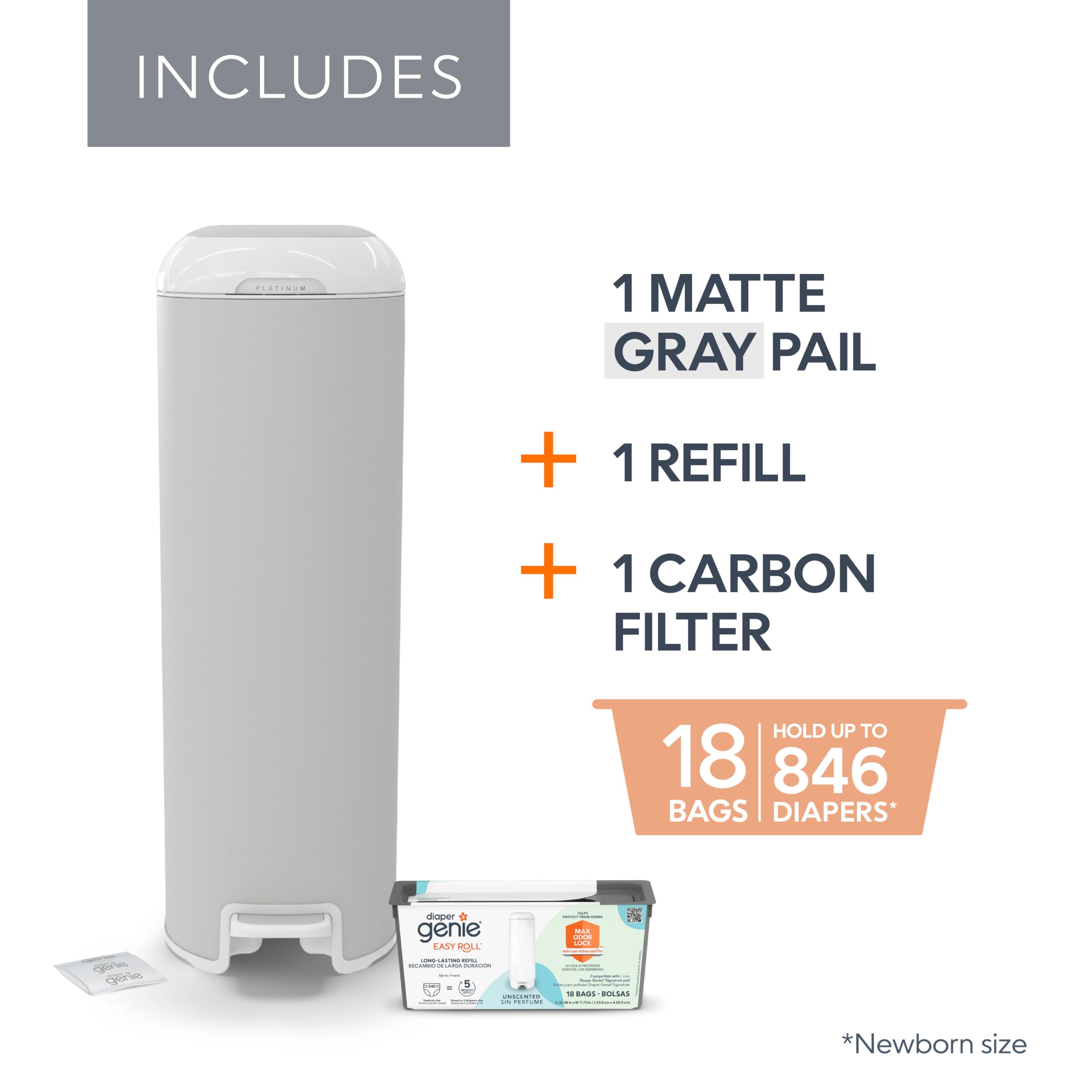 Diaper Genie Platinum Pail (Stone Grey) is Made in Durable Stainless Steel and Includes 1 Easy Roll Refill with 18 Bags That can Last up to 5 Months.