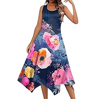 Round Neck Dress Women's Weekend Sleeveless 2024 Print Ladies Irregular Hem Summer Casual Trendy Fashion Midi Dress