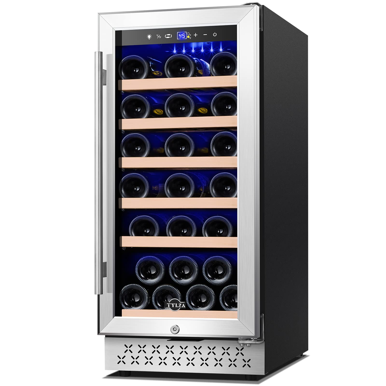 Tylza 15 Inch Wine Cooler Under Counter, 30 Bottle Built-in Wine Fridge with Stainless Steel Tempered Glass Door, Temp Memory Function, Freestanding Fast Cooling Wine refrigerator, Quiet Operation