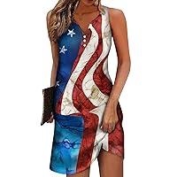 Women's 4Th of July Dress Casual Button Print V-Neck and Fashionable Outdoor Street Sleeveless Loose, S-2XL