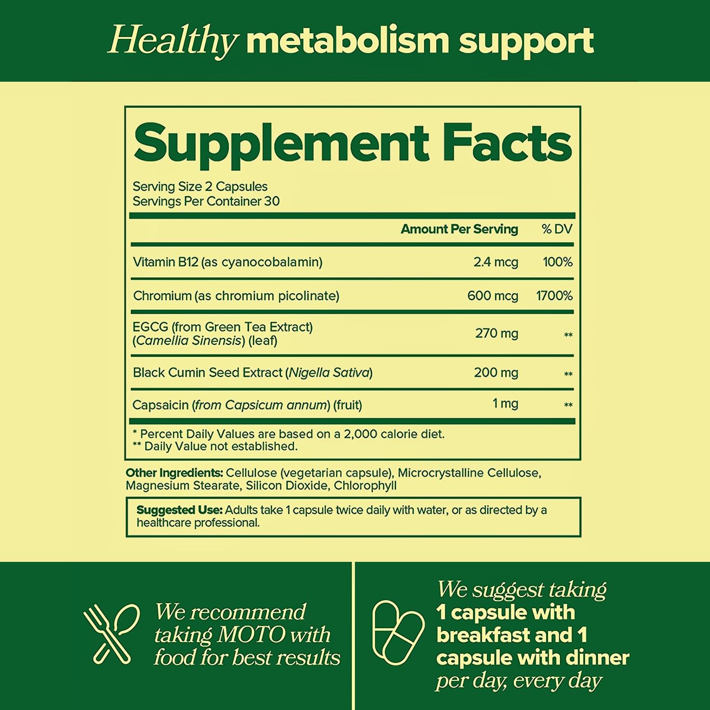 Moto Metabolism Support for Women - Support Natural Energy, with EGCG, Green Tea Extract, Chromium, and Vitamin B12 – Vegan and Sugar Free Capsules, 60 Count (Pack of 1)
