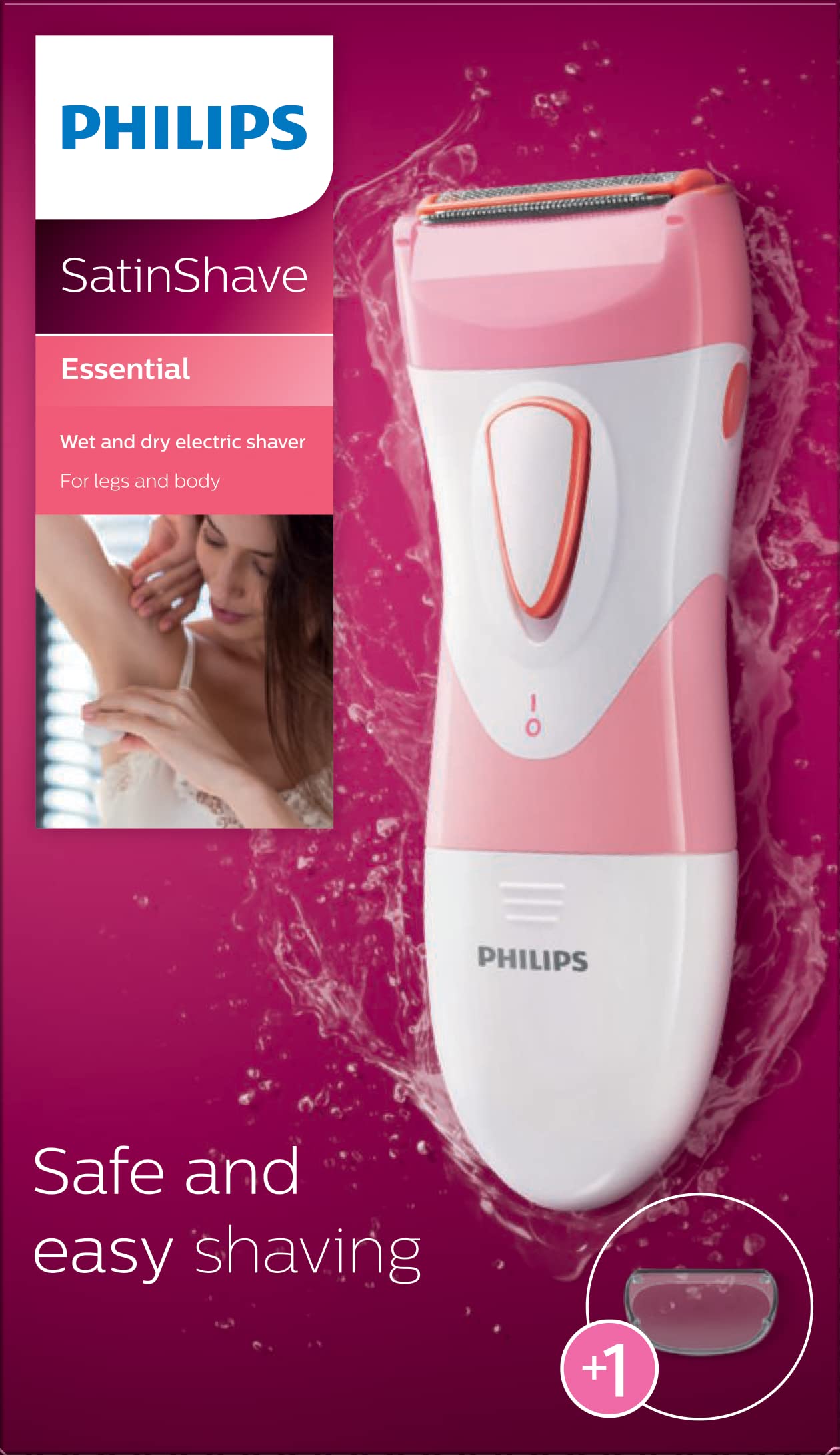 Philips Beauty SatinShave Essential Women's Wet & Dry Electric Shaver for Legs, Cordless, Pink and White, HP6306/50