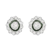 1.50 CTW Natural Diamond Polki Green Enamel Classic Studs 925 Sterling Silver Platinum Plated Slice Diamond Earrings