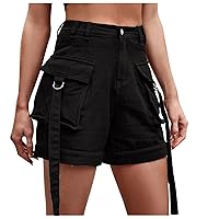 Women High Waist Cargo Shorts Y2K Denim Shorts Summer Sexy Hot Pants Outdoor Hiking Wide Straight Shorts with Pocket