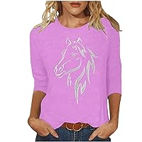Ethnic Shirts for Women Western Horse Print 3/4 Sleeve Tunic Tops Dressy Crewneck Pullover Blouse Spring Cowgirl Tunic Tshirt