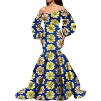 Dashiki African Dresses for Women Dresses Floor-Length Long Puff Sleeve Bandeau Dress