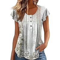 Todays Daily Deals Clearance Spring Tops White Crop for Women Gym Clothes Woman Peplum Women's Summer Top, Ruffled Short Sleeved Pleated Button Round Neck Shirt Casual Loose Tunic (wt，L)