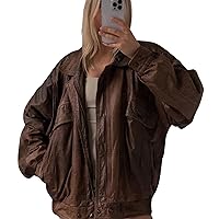 Womens Oversized Bomber Jacket in Genuine Lambskin Handcrafted Brown Leather Coat.