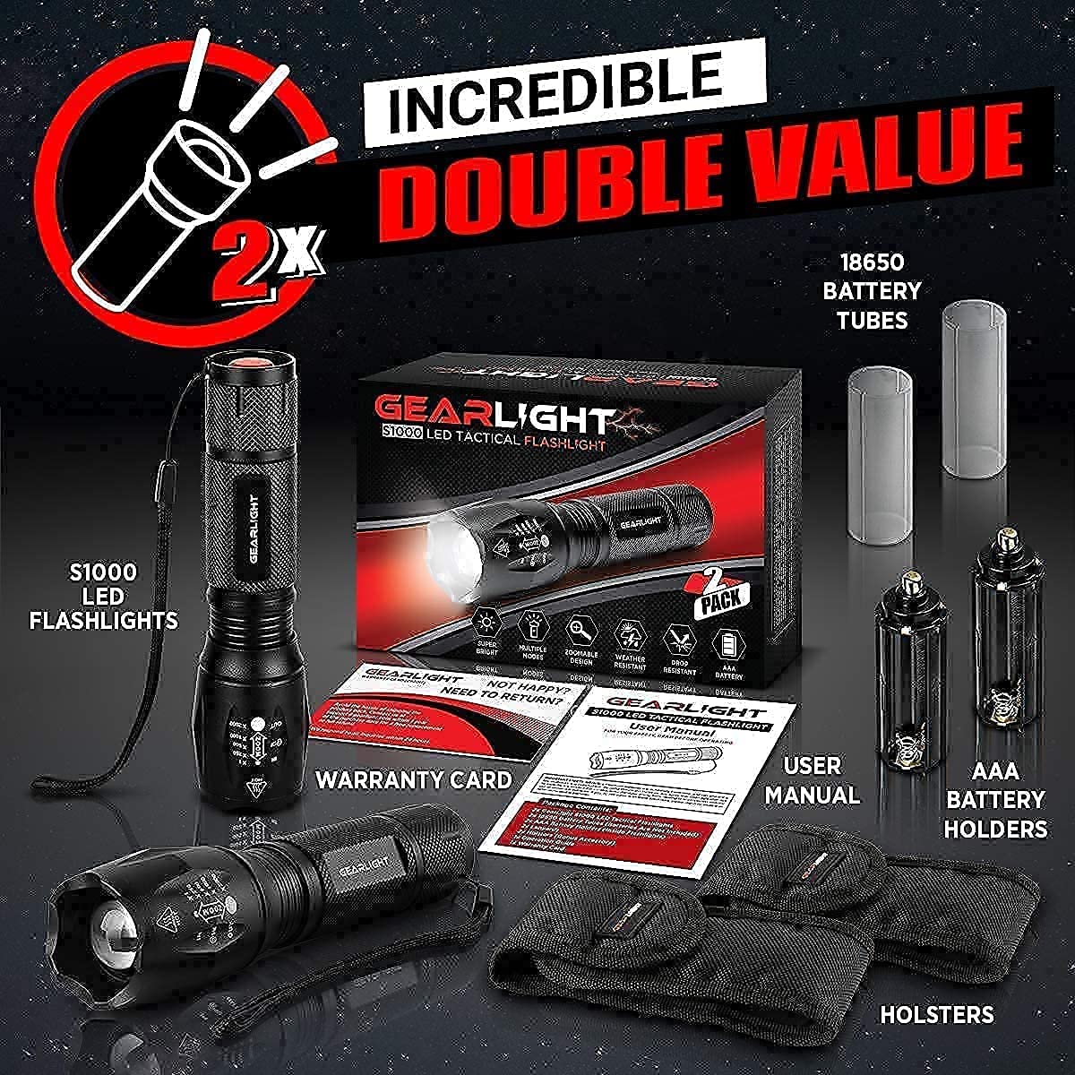 GearLight S1000 LED Tactical Flashlight with Holster [2 Pack] + GearLight Sunlit Lantern with Magnetic Base [2 Pack]