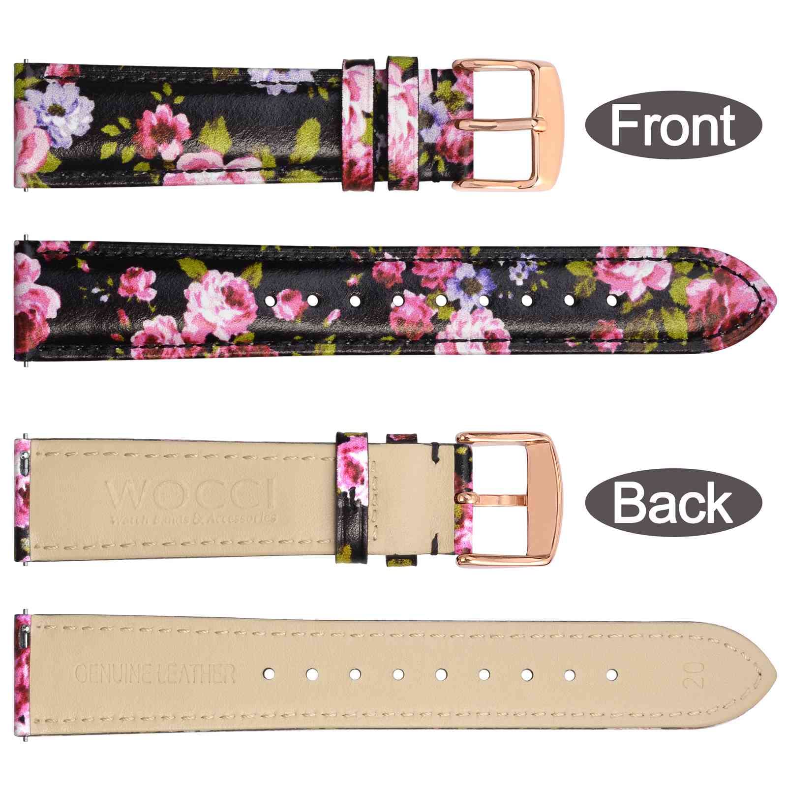 WOCCI Flower Watch Band, Genuine Leather Replacement Straps, Quick Release Bands, Stainless Steel Clasp, 18mm 20mm 22mm