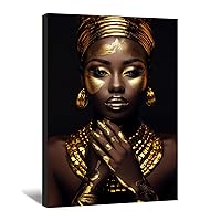 MOSTUNNA African American Wall Art,Black and Gold Women Picture Canvas Print Fashion Girl Portrait Painting Contemporary Artwork for Home Decor Framed(Women-3,16.00