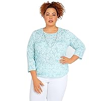 Alfred Dunner Women's Plus-Size Floral Jacquard Butterfly Knit Top with Necklace Size 1X Blue Mist