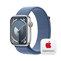 Apple Watch Series 9 [GPS + Cellular 45mm] Smartwatch with Silver Aluminum Case with Winter Blue Sport Loop, Carbon Neutral with AppleCare+ (2 Years)