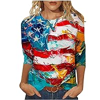 Vintage 4Th of July Shirts Womens American Flag Shirt 3/4 Sleeve Tops Summer Independence Day Crewneck Festival Tops