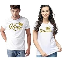 King Queen Couple T-Shirt Print Round Neck White T-Shirt Matching Couple T-Shirt Perfect for Couples by UDGAMFAB