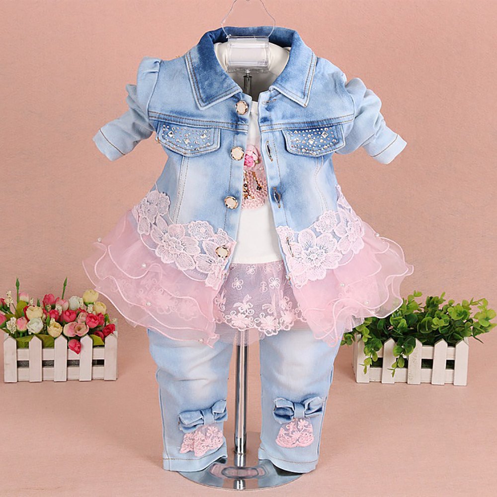 Yao Baby Girls Denim Clothing Sets 3 Pieces Sets T Shirt Denim Jacket and Jeans