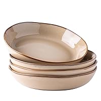 AmorArc 9.5'' Large Pasta Bowls, 40oz Ceramic Salad Serving Bowls Set of 4 for Kitchen, Wide Stoneware Bowls for Pasta,Salad,Fruit,Bread, Microwave Safe, Reactive Glaze-Latte